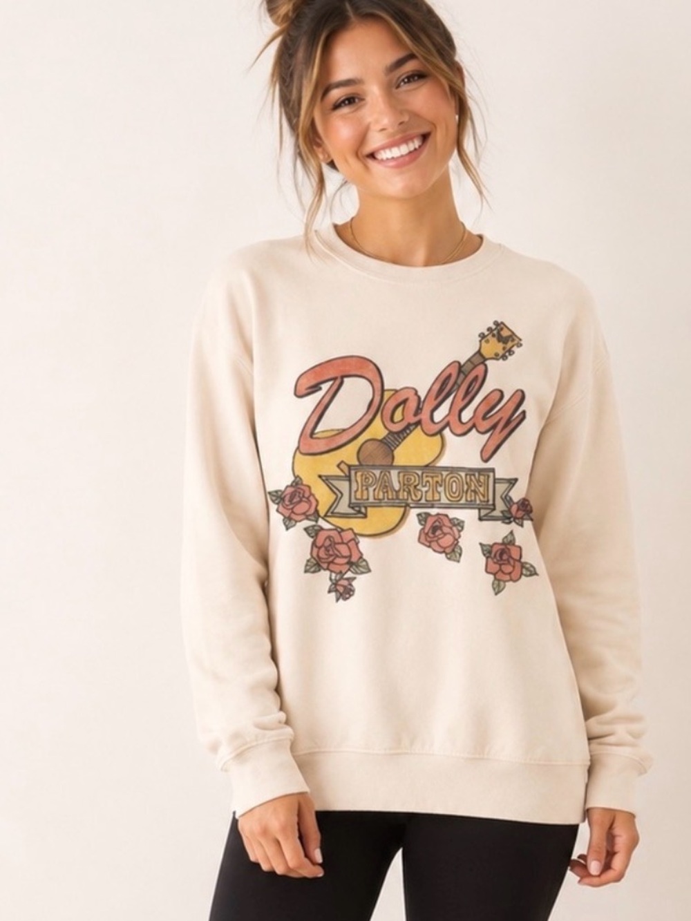 Dolly Parton / Cream Crewneck with ‘Dolly Parton’ Graphic Logo / Roses, Guitar
